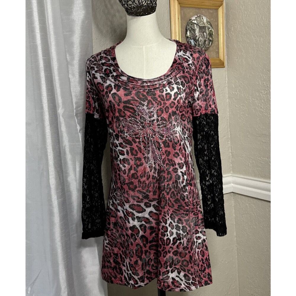 Lady Noir Leopard Rhinestone Y2K Top Blouse Embellished Red Size L